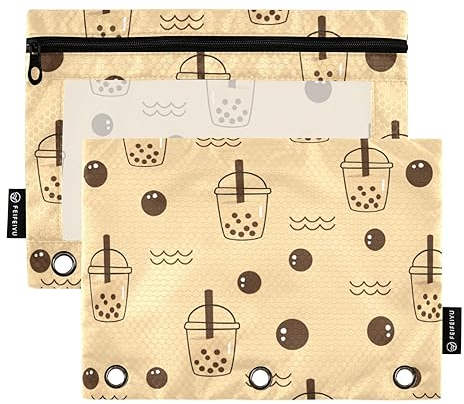 Kawaii Bubble Milk Tea Cup Brown 3 Ring Binder Pencil Pouch 2 Pack Plastic Waterproof Document Bags Pencil Bag with Zipper Office Organizer Supply