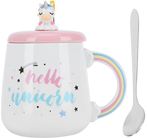 Mwrode Unicorn Coffee Mug Ceramic Tea Milk Cup with Lovely Unicorn Lid and Stainless Steel Spoon for Girls Christmas Birthday Gift(Hello)