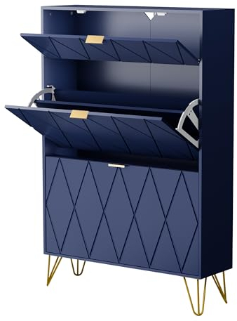UEV Armoire à Chaussure Inclinable, Meuble à Chaussures pour 16 Paires, 3 Compartiments (2 Rangements Chaussure+1 Étagère Caché) (Bleu Marine, 80 x 24 x 120 cm)