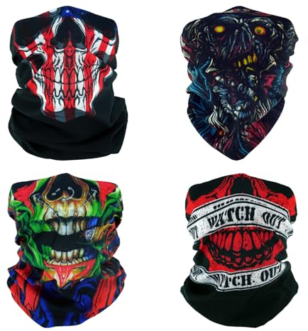 SMEHCF 4 Mehrzweck Bandanas für Damen Herren Stirnband Sturmhaube Haar Kopftuch Gesicht Halbmaske Halsmanschetten atmungsaktiv wiederverwendbar waschbar roter schwarzer Totenkopf Zombie