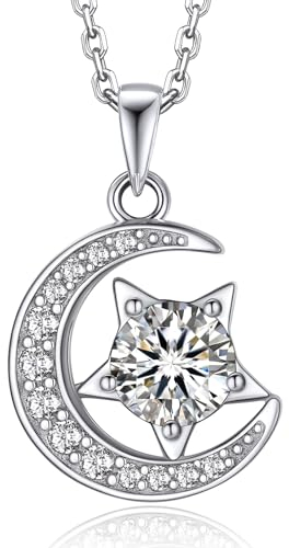 MomentWish Mond Kette, 1 Karat Moissanite Silberkette Damen 925 mit Mond Stern Anhänger Halskette Damen Kette Silber Diamant Schmuck mit Geschenkbox für Frauen Freundin