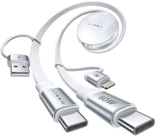LISEN 5 In 1 Multi Charger Cable, 60W PD Retractable Phone Charger Cord, [Compact for Travel] USB C Charger Cable for Samsung Galaxy S24+/iPhone 14 15/Laptop/iPad