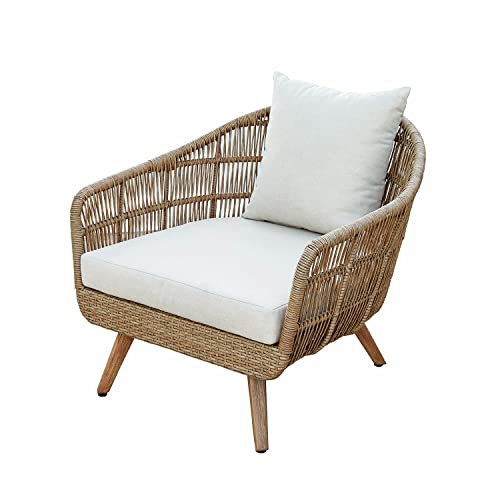 Loberon Sessel Hamil, Wetterfestes Geflecht, inkl. Sitz- & Rückenkissen, UV-beständige Bezüge, Gartenmöbel, Outdoor, Aluminium, Akazienholz, Polyethylen, braun/Creme