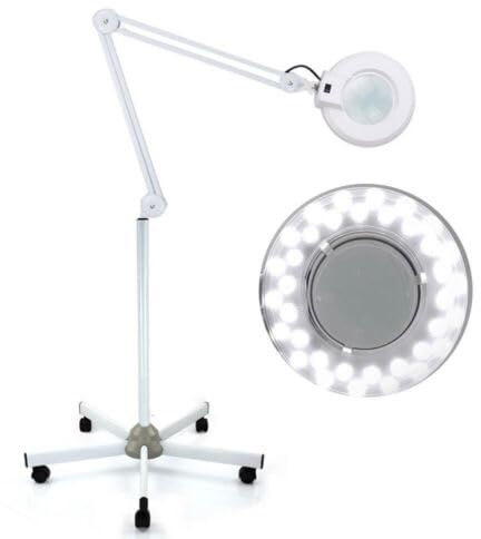 24W LED Lupenleuchte Lupenlampe 235mm, Arbeitsplatzl, Kaltlicht Kosmetik Lupe mit Licht, Ständer und Rollen, Rollenstativ, Lupenleuchte Set für Kosmetikerinnen, Stickerinnen, Nagel-Techniker, Weiß