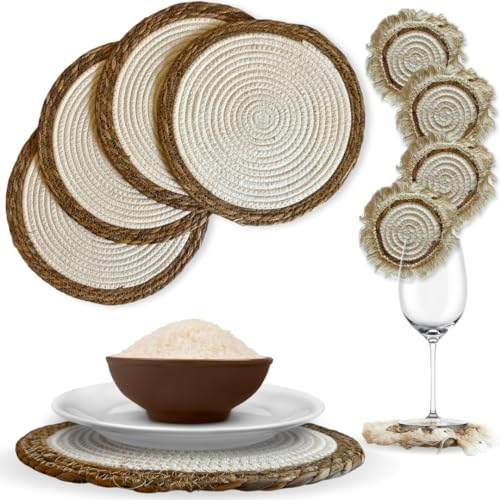 Tovagliette Sottopiatto Rotonde 32cm in Rattan - 4 Tovagliette + 4 Sotto Bicchieri - Set Tavola (Rattan e Tessuto, Tovagliette + Sottobicchieri)