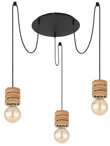 Globo Hängeleuchte Hängelampe Pendelleuchte Esszimmerlampe, 3 Flammig Holzoptik MDF Metall schwarz Retro, E27 Fassungen, DxH 35,5x120cm