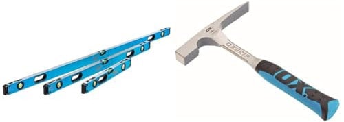 OX Pro Level Bag with 1800mm, 1200mm & 600mm Pro Levels, Black/Blue & OX OX-P082424 Pro Brick Hammer 24 oz - Geological Hammer with Comfortable Grip Handle - Chipping Hammer - Fossil Tool