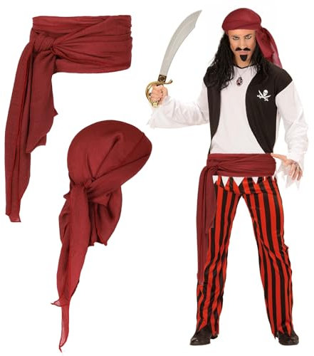 Molain 2 Teiliges Zubehör für Halloween Piratenkostüme Piraten Kopftuch Hut Hüftgürtel Cosplay Piraten Stirnband Renaissance Wikinger Bandana für Frauen Männer (Tiefrot)