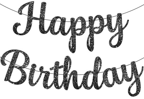 Cartel de Feliz Cumpleaños con Purpurina, Pancarta Negra de Feliz Cumpleaños Preencordado para Decoración de Fiesta de Cumpleaños, Pancarta Cursiva de Feliz Cumpleaños Guirnalda de Cumpleaños