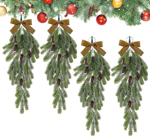Adorno Navideño: Corona En Forma De Lágrima De 70 Cm Con Lazo | Guirnalda Artificial Con Agujas De Pino Y Piñas | Guirnalda De Guirnalda Artificial Para Decoración De Ventana, Pared, Puerta Delantera,