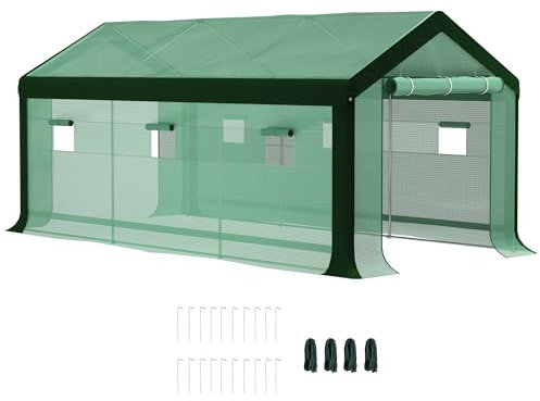 Outsunny Invernadero de Exterior 6x3x2,8 m Invernadero de Túnel con 6 Ventanas Cubierta de PE Anti-UV y 2 Puertas Enrollables con Cremallera Invernadero para Jardín Patio Verde