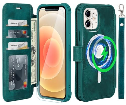 VANAVAGY Wallet Case Compatible for iPhone 12/12 Pro for Magsafe Wireless Charging,Leather Flip Wrist [Glass Screen Protectors]with RFID Blocking Card Holder,Midnight Green