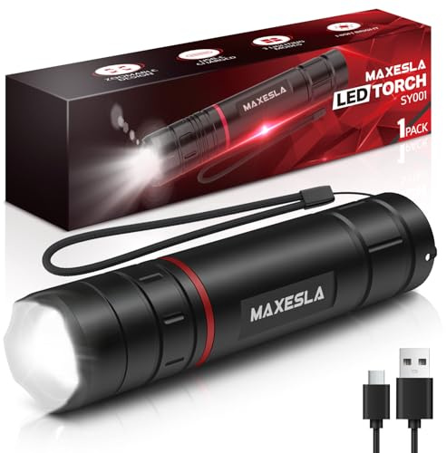 Maxesla LED Torch Rechargeable,Super Bright Flashlight with 3 Light Modes,Adjustable Focus,Pocket Size, Waterproof,Hand Torch for Camping,Hiking,and Emergency
