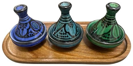 Lot de 3 Mini Tajines avec Plateau – Artisanat Marocain pour Condiments et Sauces (MODELE 11)