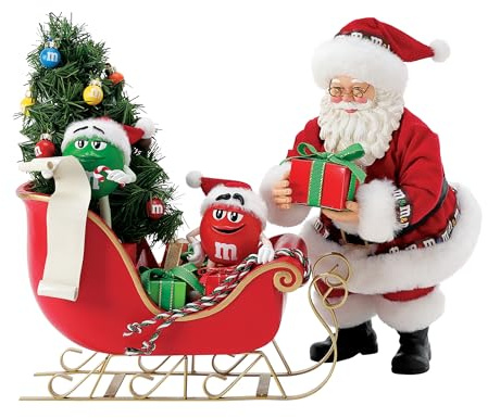 Department 56 Possible Dreams M&M's rote und grüne Figuren im Schlitten des Weihnachtsmanns, 26,7 cm, mehrfarbig