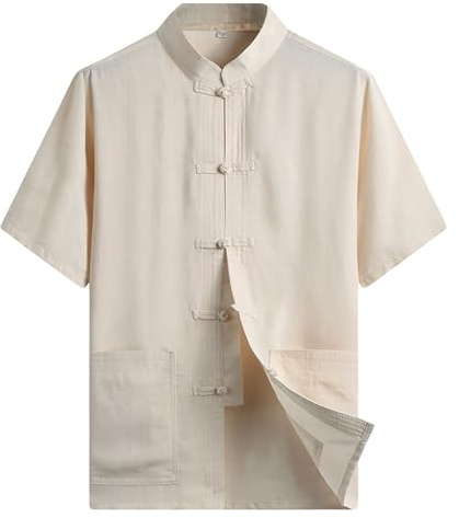 ZooBoo Chinese Clothing Tang Suit - Kung Fu Short Sleeve Shirt for Men (Beige, L)