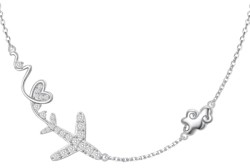 Flugzeug Halskette 925 Sterlingsilber - Niedliches Herz-Wolken-Flugzeug Anhänger - Reiseschmuck für Frauen, Flugbegleiterinnen & Reiseliebhaberinnen - Perfekt für Geburtstage, Weihnachten, Jubiläen &