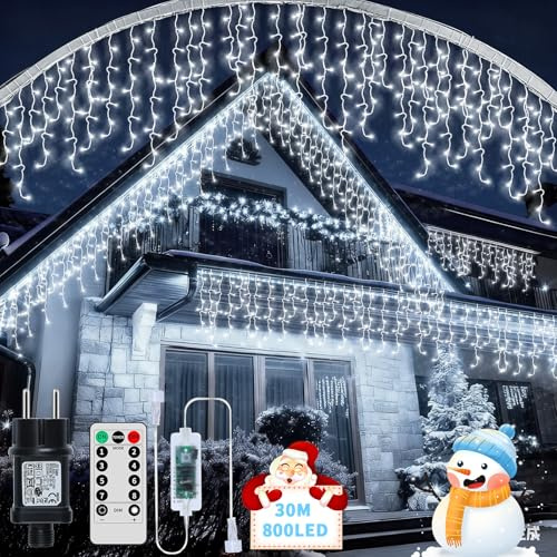 RJEDL 25+5M 800 LED Erneuerbar Eisregen Lichterkette, Weihnachtslichterkette mit 8 Modi, Timer, Memory-Funktion Weihnachtsbeleuchtung Lichtervorhang, für Innen Außen Weihnachten Balkon Deko Weiß