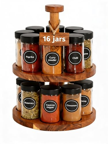 Elite Creations Premium Acacia Wood 2-Tier Rotating Spice Rack with 16 Glass Spice Jars - Spice Rack for Inside Cupboard - Elegant Storage Solution for Spices and Cooking Essentials,