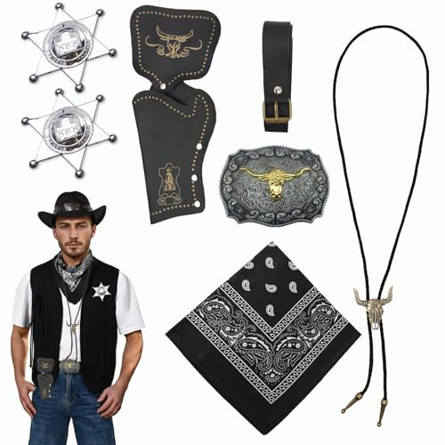 BrKern 7 Stück Cowboy Fancy Dress Zubehör Set für Herren, Cowboy Kostüm Herren, Cowboy Outfit Kit mit Holster Gürtel Krawatte Halskette Sheriff Abzeichen für Karneval Fancing Cosplay