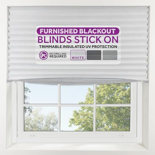 FURNISHED Blackout Blinds Stick On - Portable No Drill Blind, Temporary Blackout Cover, No Drilling Pleated Shades, Stick-on Black Out Blinds Window, Removable Blockout Shutters, White, 130W x 210H cm