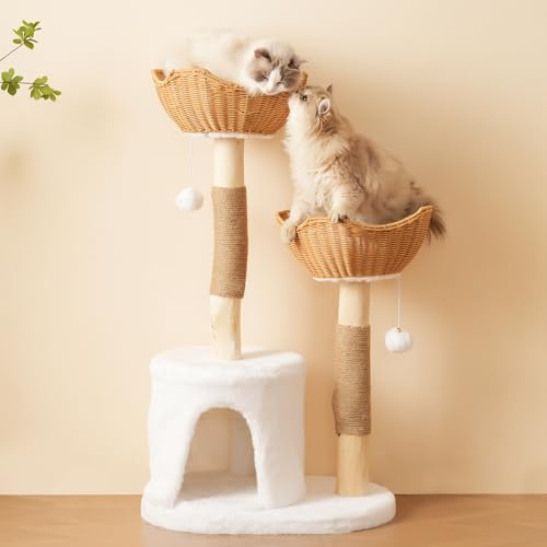 LULUWA Katzenbaum aus Massivholz 108cm, Katzenkratzbaum mit 2 Körben & Höhle, Naturholz & Sisal mit Plüschball & Dickem Kissen Kratzbaum für Große Katzen & Kitten
