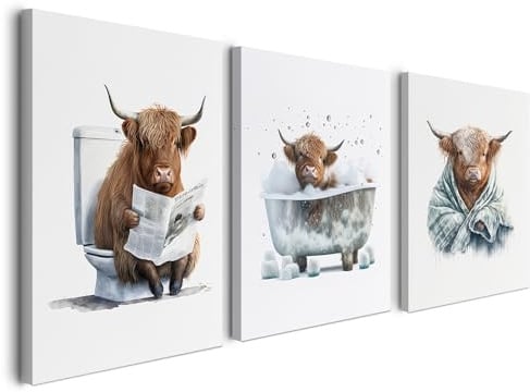 Alptiny Gerahmtes Badezimmer Wandbild Set 30×40 cm 3er Set Lustige Highland Kuh Bad Deko für Gäste WC Badezimmer Bilder mit Haken Nägeln und magischer Klettbefestigung sofort aufhängbar