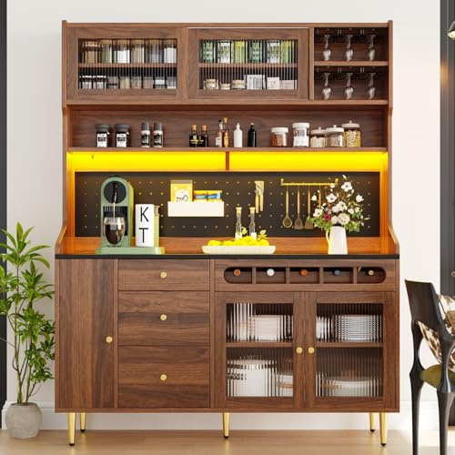 PUGSDRLY Armoire de Cuisine, Armoire Haute LED, Vitrine avec 4 Tiroirs, 4 Portes Vitrées, Porte-Verre à Vin, Rangement Intelligent, 145 x 39 x 171 cm (Marron)