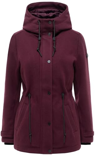 Navahoo Damen Übergangsmantel warmer Kurzmantel in Wollmantel-Optik mit Taillenzugkordeln und Kapuze Lächelstern 14 XS-3XL