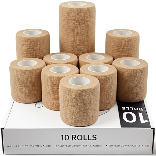 HONYAO Självhäftande Bandage 10 Rullar, Self Adhesive Bandage för Hundar Katter, Kohäsiv Binda för Sport Handled Fotled Sträckning Vrickningar Svullnad Första Hjälpen, 3 Storlekar, Beige