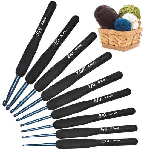 Crochet Set 9 Stück, Schwarz Häkelnadel Set 14cm, Ergonomische Häkelnadeln 2.0/2.5/3.0/3.5/4.0/4.5/5.0/5.5/6.0mm, Komplettes Häkelset, Crochet Hook für Anfänger und Häkelbegeisterte