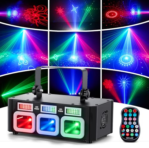 3D Disco Lights with Laser & LED, RGB Patterns Red, Green and Blue Laser & 90+Full Color Strobe, Sound Activated & DMX512 for DJ Party, Stage, Wedding, Birthday, Christmas – Party Lights Indoor Disco