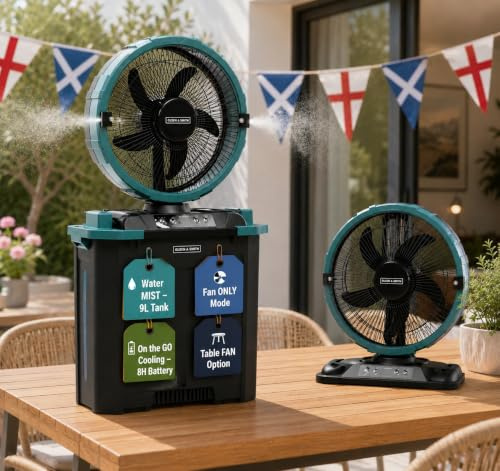 Olsen & Smith 10in Portable Cordless Cooling Spray Fan, Rechargeable | Water Spray, Oscillating, Floor Standing & Tabletop, Remote, Outdoor, Home Office Garden & Camping, Rechargeable, Green