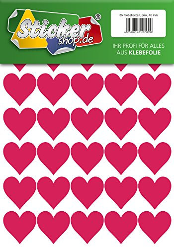 35 Klebeherzen, 40 mm, pink, aus PVC Folie, wetterfest, Herz Sticker Aufkleber