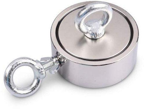 magnets4you Bergemagnet aus Neodym mit 2 Bohrungen und Schraubösen superstarker Magnet für Magnetfischen/Magnetangeln | vernickelter Ösenmagnet - Größe Ø 97 mm - 2 x 500 kg