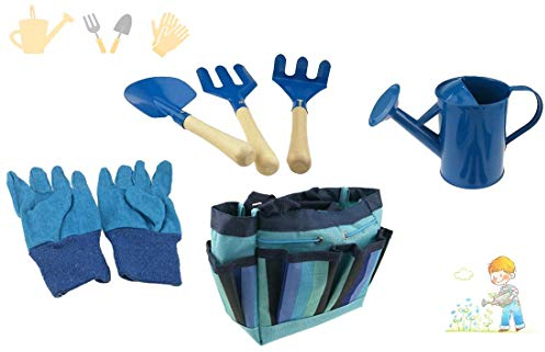 Kinder-Gartenwerkzeug-Set mit Tragetasche, Handrechen, Schaufel, Gabel, Gießkanne, Handschuhe, Gartenspielzeug (blau)