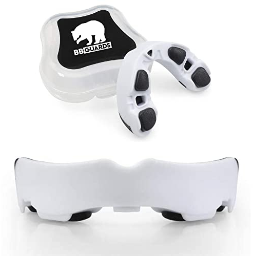 BBGuards Protector Bucal Boxeo, Rugby, Hockey, Kick Boxing. Protección Dental Adultos para Hombre y Mujer. Protecciones Bocales para Dientes Muay Thai, Futbol, Karate, Taekwondo, MMA (Blanco-Negro)
