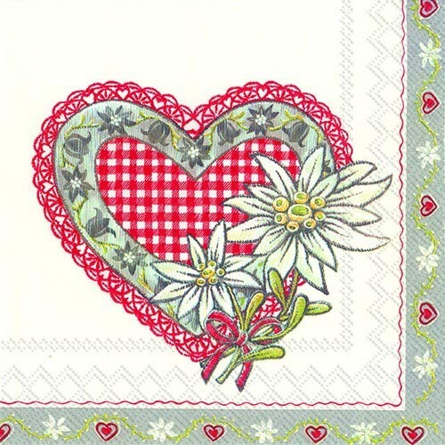 20 Servietten Edelweiß an rotem Herz als bayrische Tischdeko 33x33cm