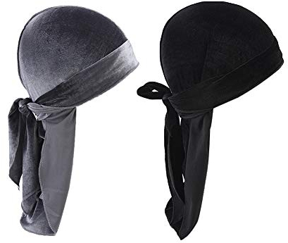 2 Stück Samt-Durag für Herren und Damen, langer Schwanz, Piraten-Bandanas, Turban für 360 Wellen Gr. Einheitsgröße, Grau + Schwarz