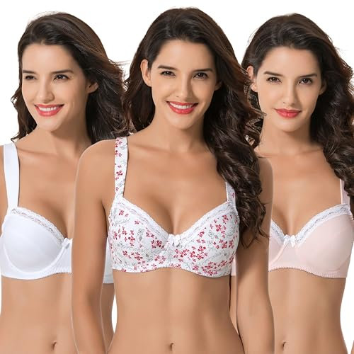 Curve Muse - Reggiseno in Cotone con Balconcino Sfoderato con Ferretto e Taglie Forti da Donna-Confezione da 3-Stampa Bianca, Rosa, Bianco-6C