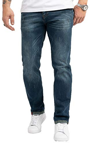 Indumentum Jeans Herren Regular Fit Hose Männer Jeans Hosen Herrenjeans Denim Herrenhose Mens Pant Herrenhose Used-Look Blau IR-504 W44 L32