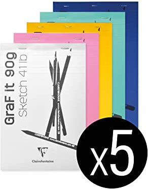 Clairefontaine 96619C - Packung mit 5 Skizzenblöcken GRAF IT, DIN A6 10,5x14,8cm, kopfseitig geheftet, 80 Blatt 90g, Blanko, farbig sortiert, 1 Pack