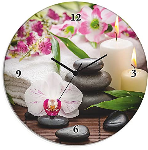 ARTLAND Wanddeko Wanduhr ohne Tickgeräusche Glas Funkuhr Ø 30 cm Rund Lautlos Zen Steine Orchideen Blumenmotiv Wellness Asien K3AD