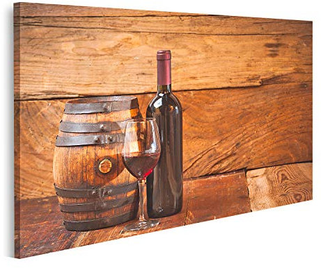 islandburner Quadro su tela Vino rosso in un bicchiere con una bottiglia e un barile sul tavolo di legno rustico Stampe Arte Poster Murale