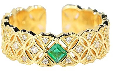 18 Karat (750) Gelbgold Ring Mädchen, Eheringe Münzen Retro Hohl Quadrat Grün Smaragd Weiß Diamant 0.1ct Ring Größe 65 (20.7)