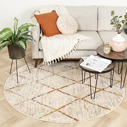 FRAAI | Home & Living Hochflor Teppich Rund - Blend Lines Creme Bunt - Kariert, Gestreift, Geometrisch - Boho, Modern, Skandinavisch, Wohnzimmer, Esszimmer, Schlafzimmer - Fellteppich - Carpet