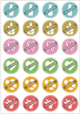 Hinweissticker | 24 Stk. Aufkleber | Laktosefrei Glutenfrei Zuckerfrei 100% Vegan Sojafrei Vegetarisch | rund 4cm
