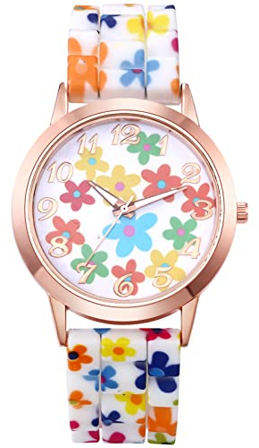 JewelryWe Uhren Damen Analog Quarz Armbanduhr Mode Exquisit Blumen Blumendruck Beiläufige Uhr mit Silikon Armband Geschenk für Valentinstag