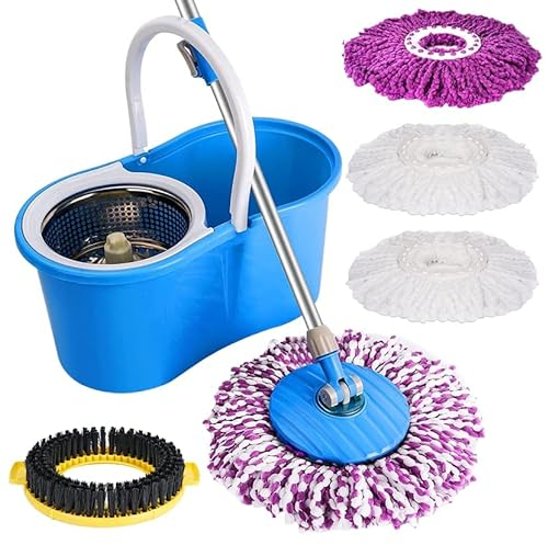 Spin Bucket Mop and Bucket Set 360° Spin Mop Telescopic Handle Floor Mop for Home Cleaning with 4 Reusable Microfiber Pads Wet and Dry (Blue)