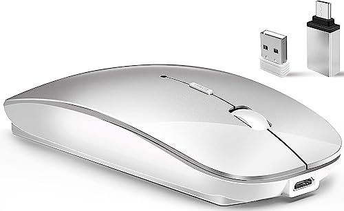 Wireless Bluetooth Mouse for MacBook Pro/Air/Mac/iPad/Laptop/Desktop/Mac/PC/Computer/Phone-Portable Slim Silent Office Mice with USB-C Adapter 2.4 GHz USB Mice (WhiteSilver)